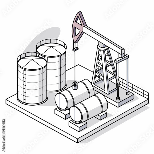 An isometric illustration depicts an oil field with a pumping jack storage tanks and pipelines representing energy production high quality professional detailed
