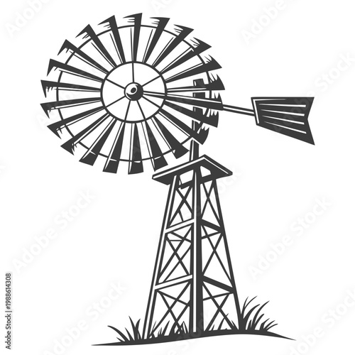 A detailed black and white illustration depicts a classic windmill with a multi bladed rotor and a sturdy wooden frame high quality