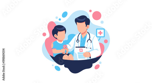 A compassionate doctor in a white coat holds a medical clipboard while sitting with a young boy who is holding a small toy during a pediatric checkup.