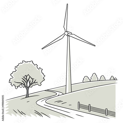 A simple line drawing depicts a single wind turbine positioned on a rolling green hill with trees and a path high quality
