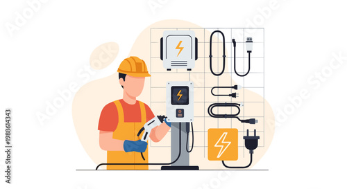 An electrician in a hard hat and yellow vest works on an electric vehicle charging station with various cables displayed on a grid in a bright setting.