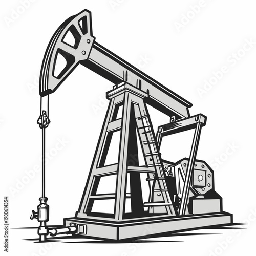 A detailed grayscale illustration depicts a classic oil pump jack commonly known as a nodding donkey in a simplified style high quality