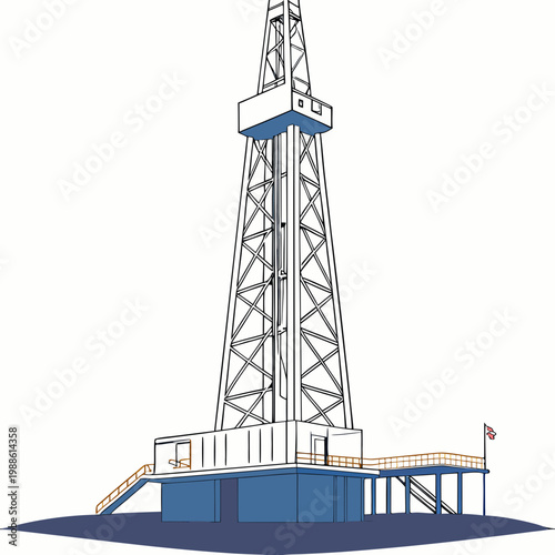 A detailed illustration depicts a towering oil drilling rig structure showcasing its complex framework and industrial design against a plain background