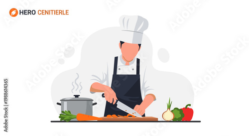 A professional chef in a pristine white uniform meticulously chops vibrant orange carrots on a wooden board within a bright and modern culinary kitchen.