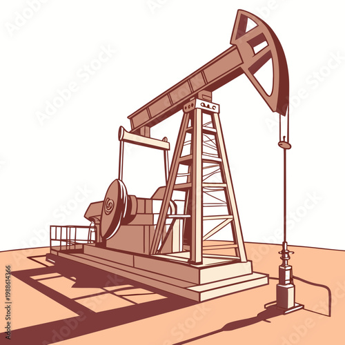 A detailed illustration depicts a vintage oil pump rig against a pale orange backdrop showcasing industrial technology and energy extraction high quality