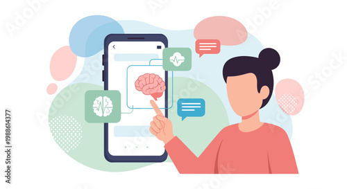 A woman with a dark hair bun points at a brain icon on a large smartphone screen surrounded by medical chat bubbles in a clean, modern digital space.