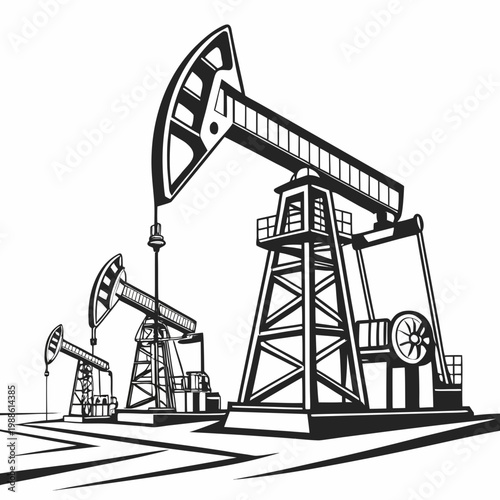 A black and white illustration depicts multiple oil pumps also known as nodding donkeys extracting resources from the earth high quality professional