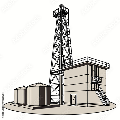 A detailed illustration depicts an oil derrick and supporting structures showcasing the infrastructure for extracting natural resources high quality professional modern elegant