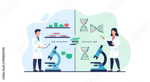 Two researchers stand on opposite sides of a split-screen laboratory while checking organized shelves and studying intricate DNA diagrams on digital tablets.