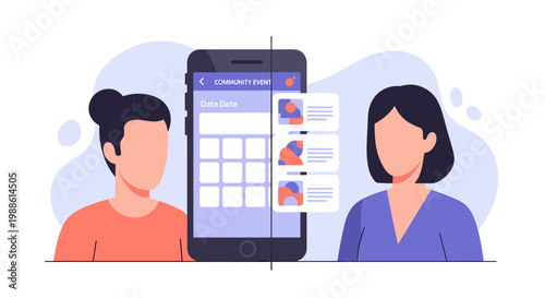 Two people stand on either side of a large smartphone screen displaying a community event calendar and informative event cards in a bright soft environment.