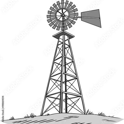 A detailed black and white illustration depicts a classic windmill structure standing prominently on a gentle grassy hill high quality professional modern