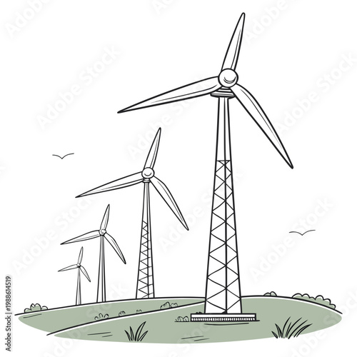 A minimalist line drawing depicts a field with several wind turbines of varying sizes suggesting sustainable energy and a rural landscape
