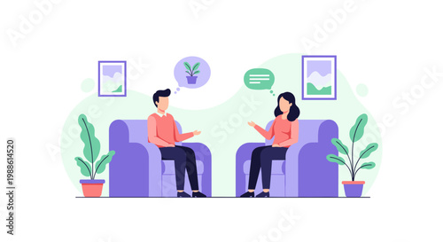 Two professionals engage in a calm, productive conversation while seated in plush purple armchairs within a bright, minimalist office with green foliage.