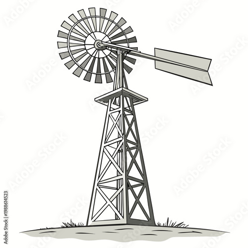 A detailed illustration depicts a classic windmill structure featuring a rotating fan and a traditional lattice tower set against a plain background