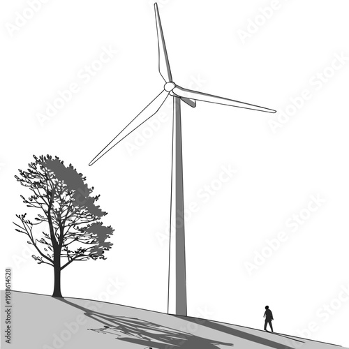 A minimalist illustration depicts a single wind turbine towering over a small tree and a silhouetted figure on a hill high quality