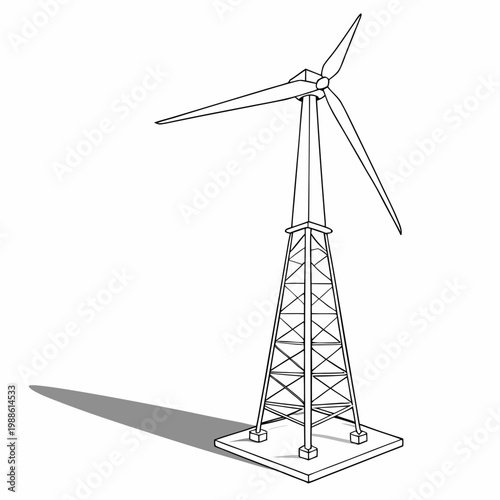 A simplified black and white line drawing depicts a single wind turbine showcasing its tower and three bladed rotor against a plain