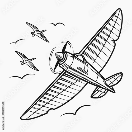 A detailed black and white illustration depicts vintage propeller airplanes in flight accompanied by a scattering of stylized bird silhouettes high quality