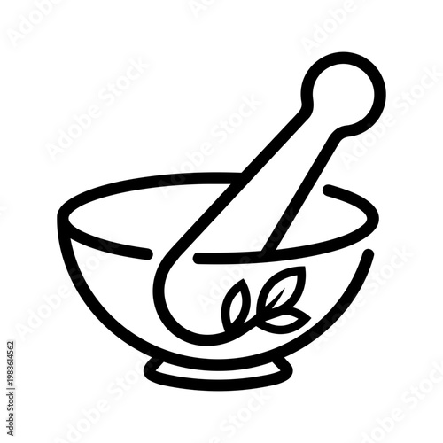 Minimalist Line Art Design of a Mortar and Pestle with Leaf Elements for Natural Remedies