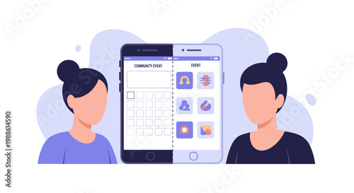 Two women with hair buns stand beside a large smartphone screen showcasing a community event calendar and various event icons in a soft, light-filled space.