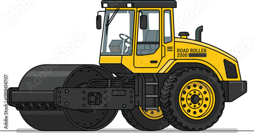 Yellow road roller construction vehicle side view heavy machinery asphalt compactor equipment detailed industrial vector illustration