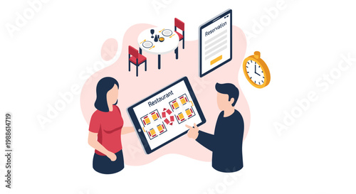 Two people plan a restaurant reservation using a digital tablet displaying a floor plan while a golden clock indicates time in a bright modern setting.