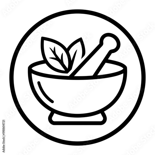 Icon of a Mortar and Pestle with Leaves in a Circular Outline for Herbal Medicine and Cooking