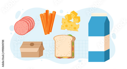 A healthy assortment of fresh lunch items including sliced sausage, crunchy carrot sticks, cheese cubes, a sandwich, and milk is arranged on a clean grid surface.