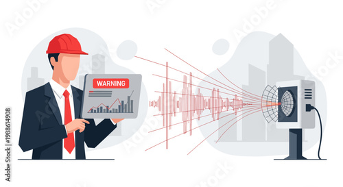 A professional engineer in a suit and red hard hat monitors seismic activity on a tablet while a machine emits red sound waves in a gray city scene.