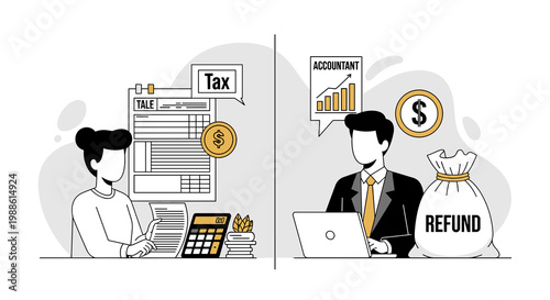 The detailed split-screen illustration depicts a woman calculating tax forms on the left and a man receiving a financial refund on the right side panel.