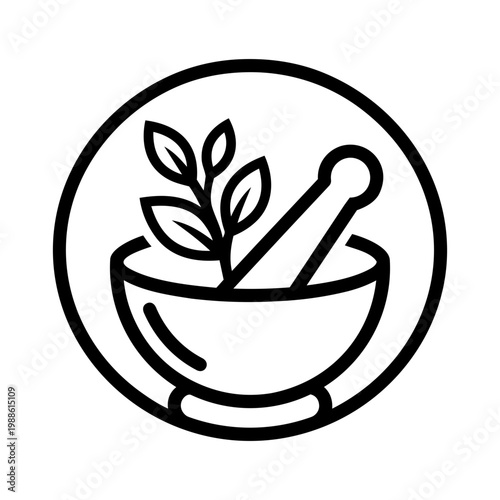 Minimalist Illustration of Mortar and Pestle with Leaves for Herbal Medicine and Natural Remedies
