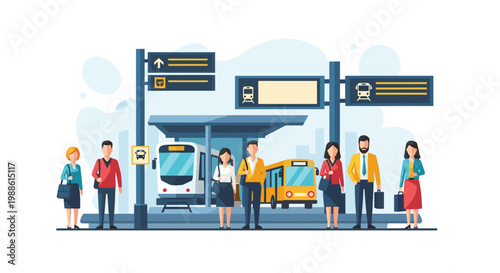 Diverse commuters wait on a modern station platform with clear signage for train and bus transport services in a bright and organized urban environment.