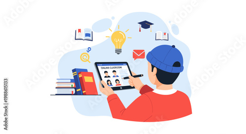 A dedicated student wearing a blue beanie actively engages with an online classroom lesson on a digital tablet within a serene and soft pastel workspace.