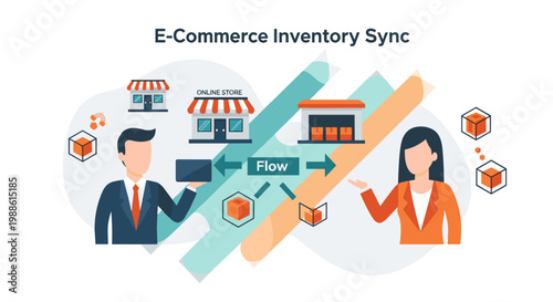 A professional businessman and businesswoman collaborate on an e-commerce inventory synchronization flow chart within a bright and minimalist office space.