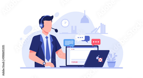 A professional customer support representative wearing a headset manages online forum inquiries on a laptop in a bright, modern, and efficient office workspace.