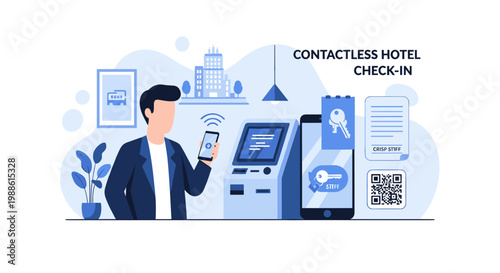 A traveler performs a contactless hotel check-in using a smartphone at a digital kiosk in a clean, modern, and efficient lobby with soft blue color tones.