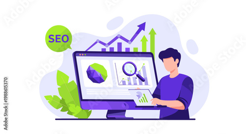 An expert digital marketer analyzes complex search engine optimization performance metrics on a large computer monitor in a vibrant modern office workspace.