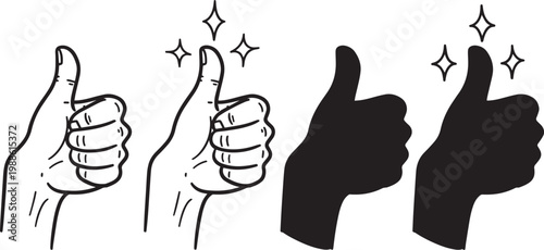 A set of thumbs up icons in black and white with sparkles, symbolizing approval and satisfaction