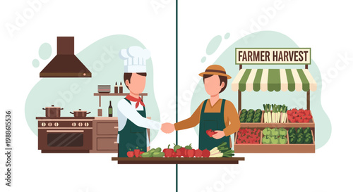 A professional chef and a local farmer shake hands over a table of fresh harvest produce between a modern kitchen and a rustic market stall setting today.
