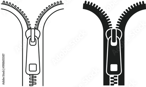 Zipper icon with open and closed states outline and solid style clothing fastener detail vector illustration