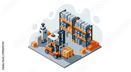 An isometric warehouse scene features a forklift moving cardboard boxes near organized storage racks and a robotic machine on a clean, grey background.