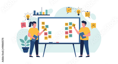 Two people in yellow shirts collaborate with sticky notes on a large whiteboard with brainstorming icons on a clean, bright, and light background.