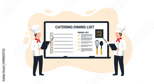 Two professional chefs in crisp white uniforms review a detailed catering dining list on a large digital screen within a bright and organized kitchen area.