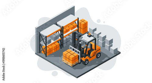 An industrial orange forklift transports a heavy pallet of cardboard boxes inside a spacious warehouse with organized metal shelving units and grey floors.