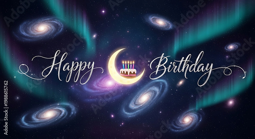 greeting card of Happy Birthday in space background.