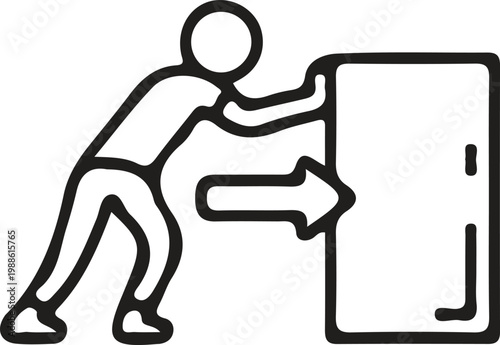 Icon of a person pushing a large rectangular object with movement, strength