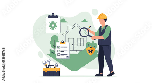 A professional construction inspector in a hard hat examines a house blueprint with a magnifying glass to ensure safety and quality in a clean workspace.