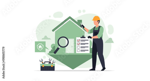 A diligent construction worker in a protective hard hat and overalls performs a detailed home inspection with a clipboard and magnifying glass for safety.