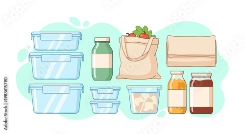 A collection of sustainable reusable food containers, glass jars, and a cloth grocery bag are neatly arranged on a clean light green surface for eco-living.