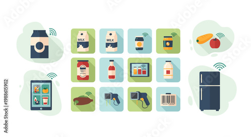 A collection of smart food icons including milk, jars, and a refrigerator with wireless signals is displayed on a tablet in a modern digital setting.