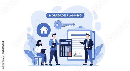 Team members collaborate on mortgage planning tasks using a laptop and a large calculator near a signed document in a professional office with blue tones.